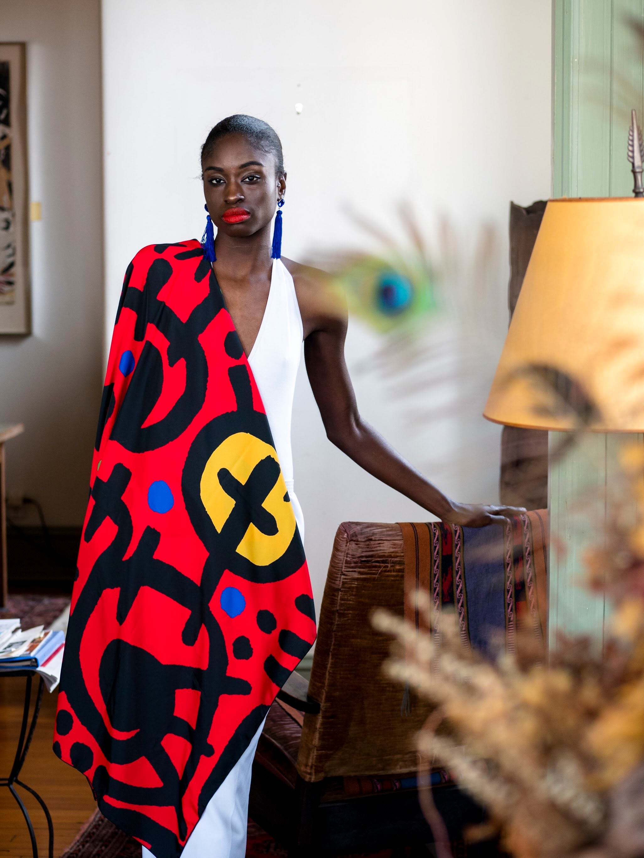 Model draped in silk scarf
